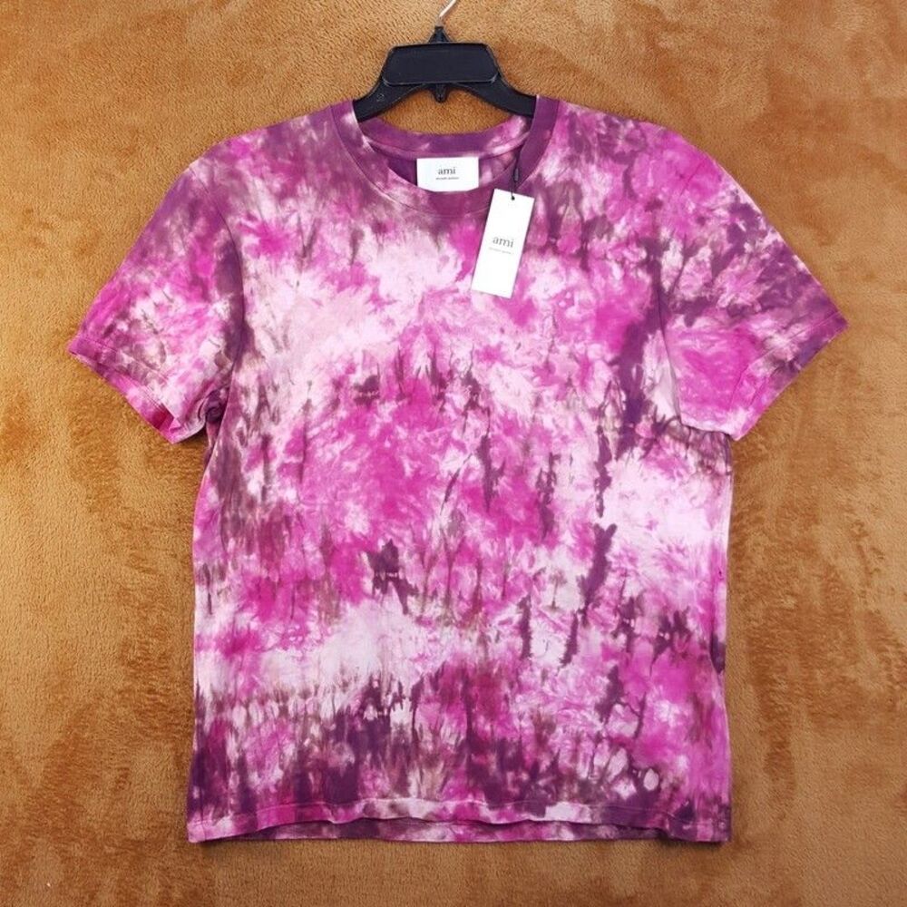 AMI Mens Shirt Small Pink Tie Dye Pullover Crew Cotton Logo Tee $215